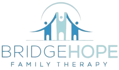BridgeHope Family Therapy logo: three abstract blue figures beneath a curved arc above the brand name, with 'FAMILY THERAPY' underneath.